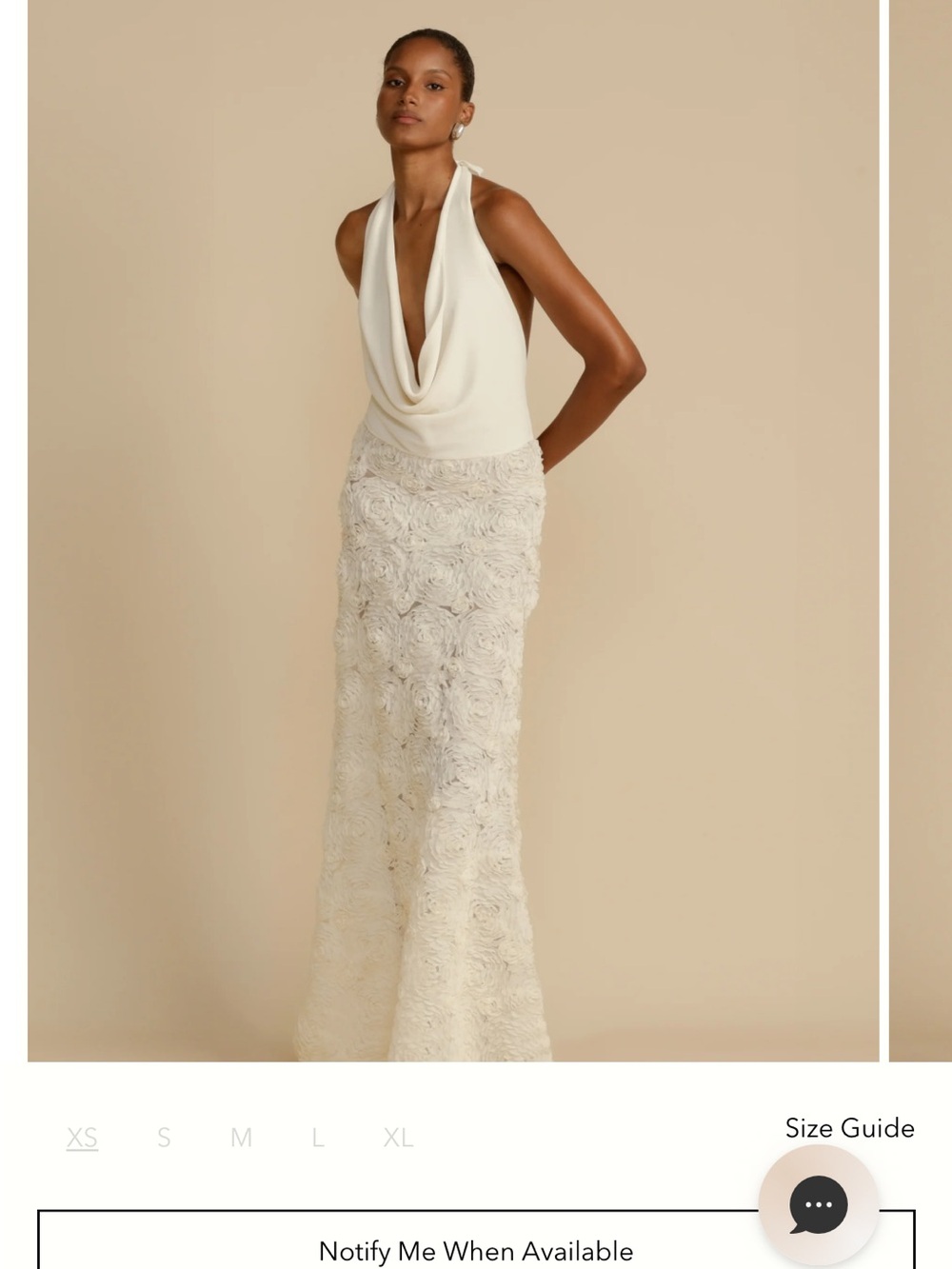 Halter Cowl-Neck Cream Maxi Dress with Rosette Skirt